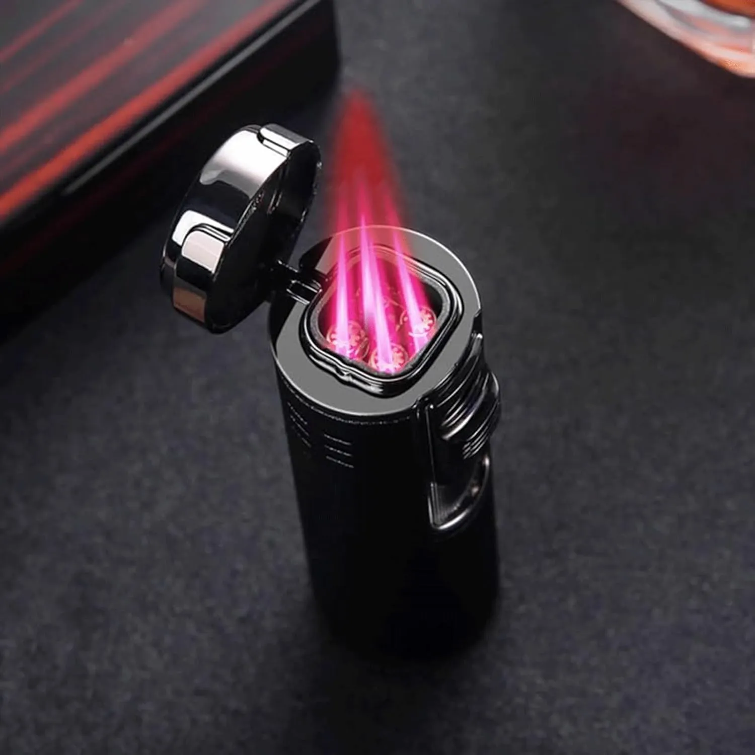 Four-Mouth Direct Flame Lighter, Windproof red Flame Lighter, Metal dust Cover to Avoid dust, Butane Rechargeable, Adjustable Flame, Suitable for Indoor and Outdoor use (Fuel not Included)(Blue)