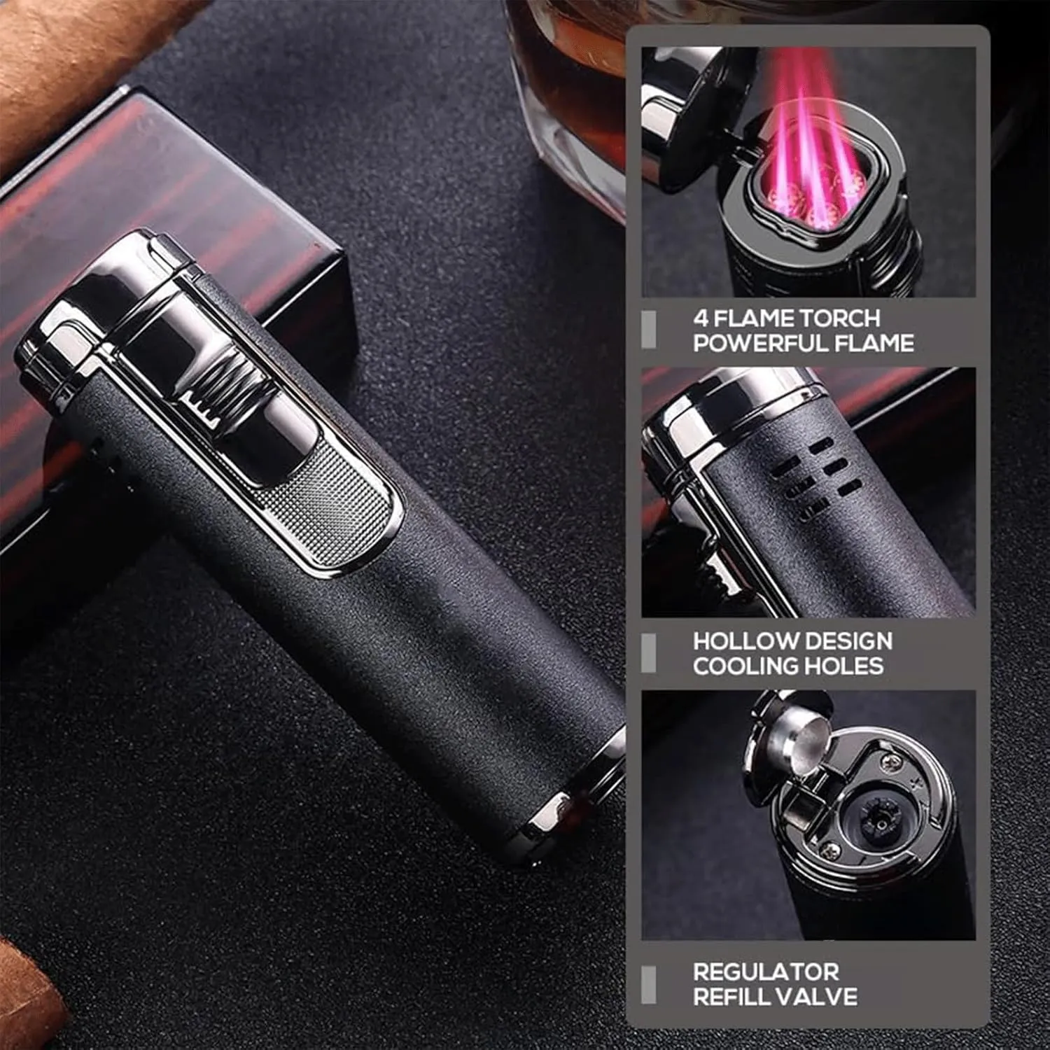 Four-Mouth Direct Flame Lighter, Windproof red Flame Lighter, Metal dust Cover to Avoid dust, Butane Rechargeable, Adjustable Flame, Suitable for Indoor and Outdoor use (Fuel not Included)(Blue)