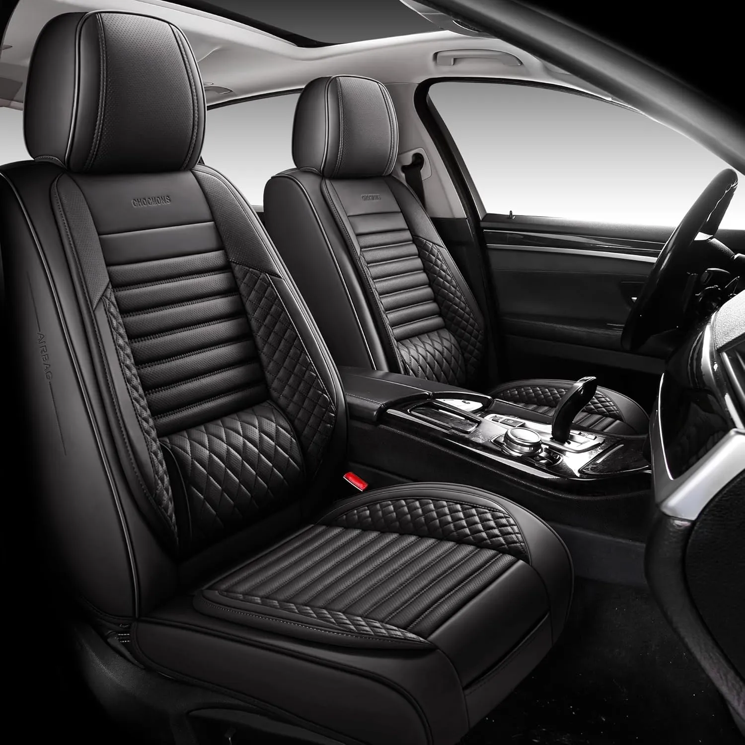 Full Coverage Front Set Seat Covers with Waterproof Leather,Lumber Support and Airbag Compatible,Universal Fit for Most SUVs, Trucks,and Sedans in Automotive Seat Covers