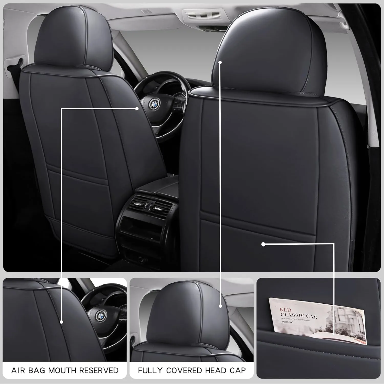 Full Coverage Front Set Seat Covers with Waterproof Leather,Lumber Support and Airbag Compatible,Universal Fit for Most SUVs, Trucks,and Sedans in Automotive Seat Covers