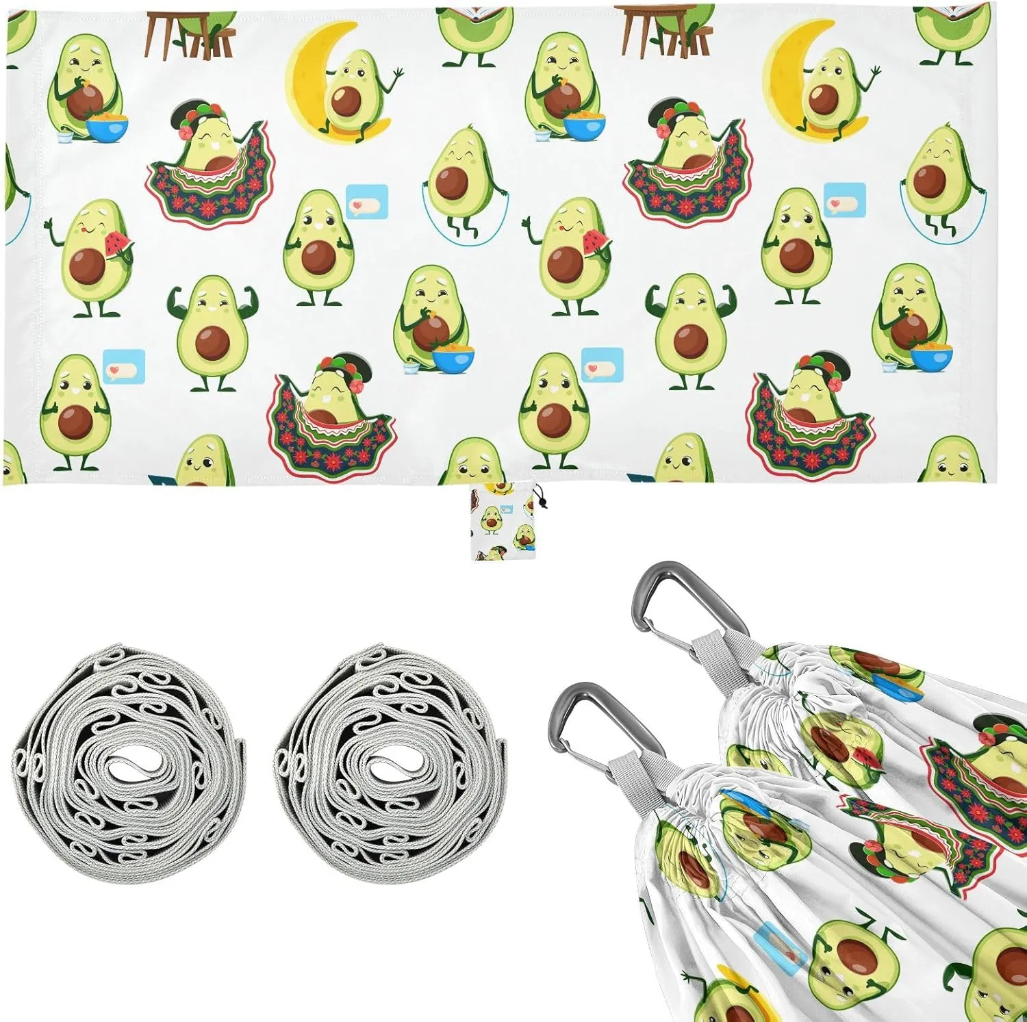 Funny Cute Avocado Pattern Camping Hammock with Tree Straps, Portable Lightweight Parachute Hammocks Camping Accessories Gear for Indoor Outdoor Backpacking Travel Hiking Beach