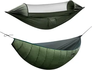 G4Free Large Camping Hammock with Net and Underquilt 2 Person Pop-up Parachute Lightweight Hammocks Warm 4 Season Winter Under Quilt Hammock Bed for Outdoor Backpacking Backyard Hiking