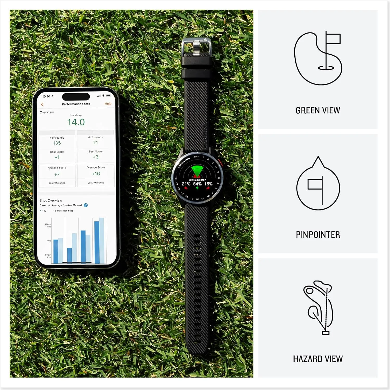 Garmin Approach S44 (Silver/Black) Golf GPS Smartwatch Bundle - 1.2" AMOLED Display, On-Course Features & 15H Battery Life with PlayBetter Screen Protectors & 5000mAh Portable Charger