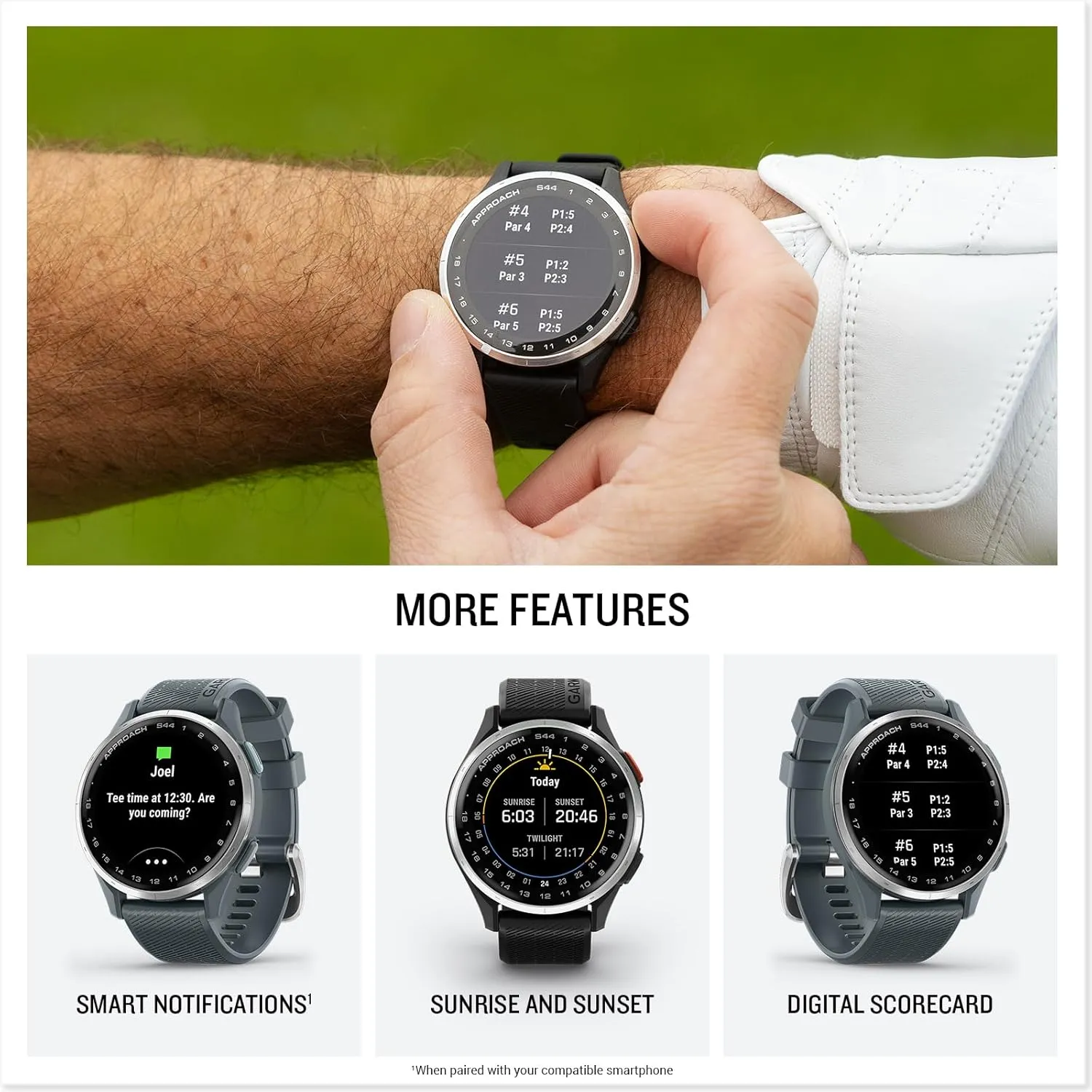 Garmin Approach S44 (Silver/Black) Golf GPS Smartwatch Bundle - 1.2" AMOLED Display, On-Course Features & 15H Battery Life with PlayBetter Screen Protectors & 5000mAh Portable Charger