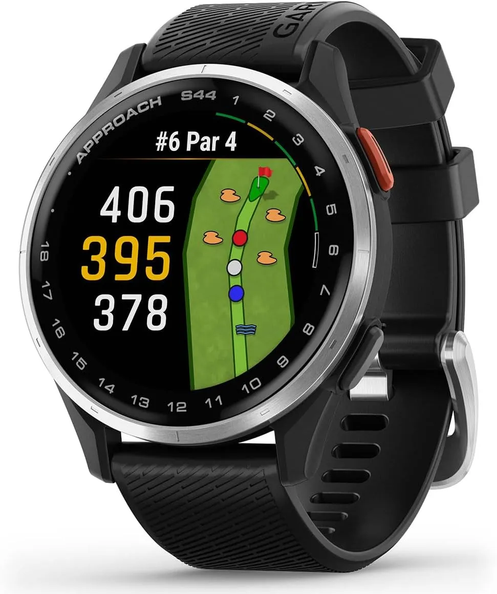 Garmin Approach S44 (Silver/Black) Golf GPS Smartwatch Bundle - 1.2" AMOLED Display, On-Course Features & 15H Battery Life with PlayBetter Screen Protectors & 5000mAh Portable Charger