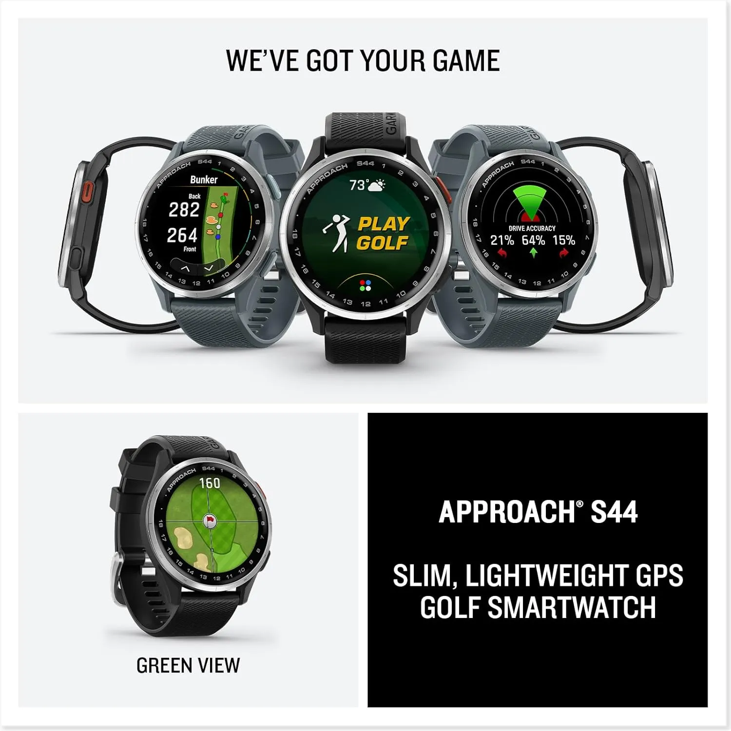 Garmin Approach S44 (Silver/Black) Golf GPS Smartwatch Bundle - 1.2" AMOLED Display, On-Course Features & 15H Battery Life with PlayBetter Screen Protectors & 5000mAh Portable Charger