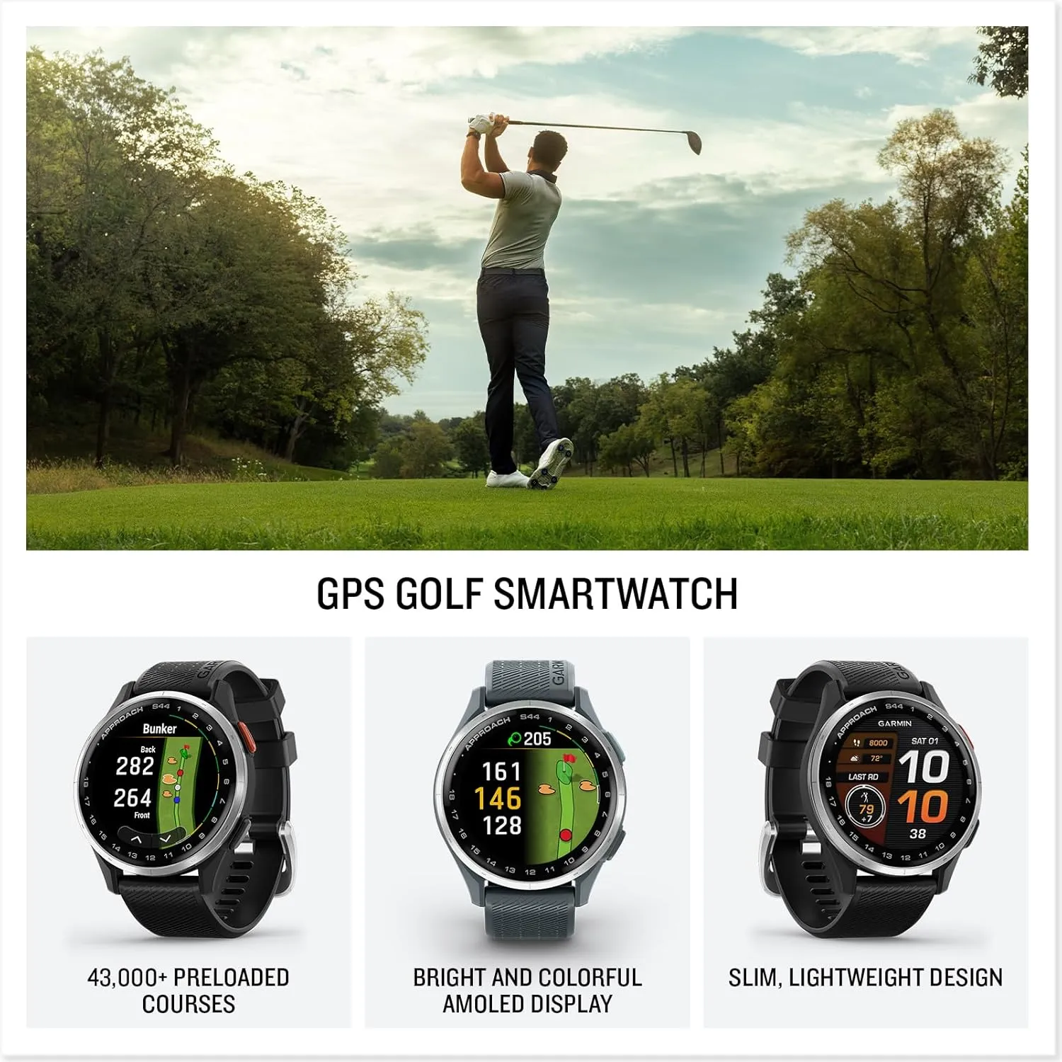 Garmin Approach S44 (Silver/Black) Golf GPS Smartwatch Bundle - 1.2" AMOLED Display, On-Course Features & 15H Battery Life with PlayBetter Screen Protectors & 5000mAh Portable Charger