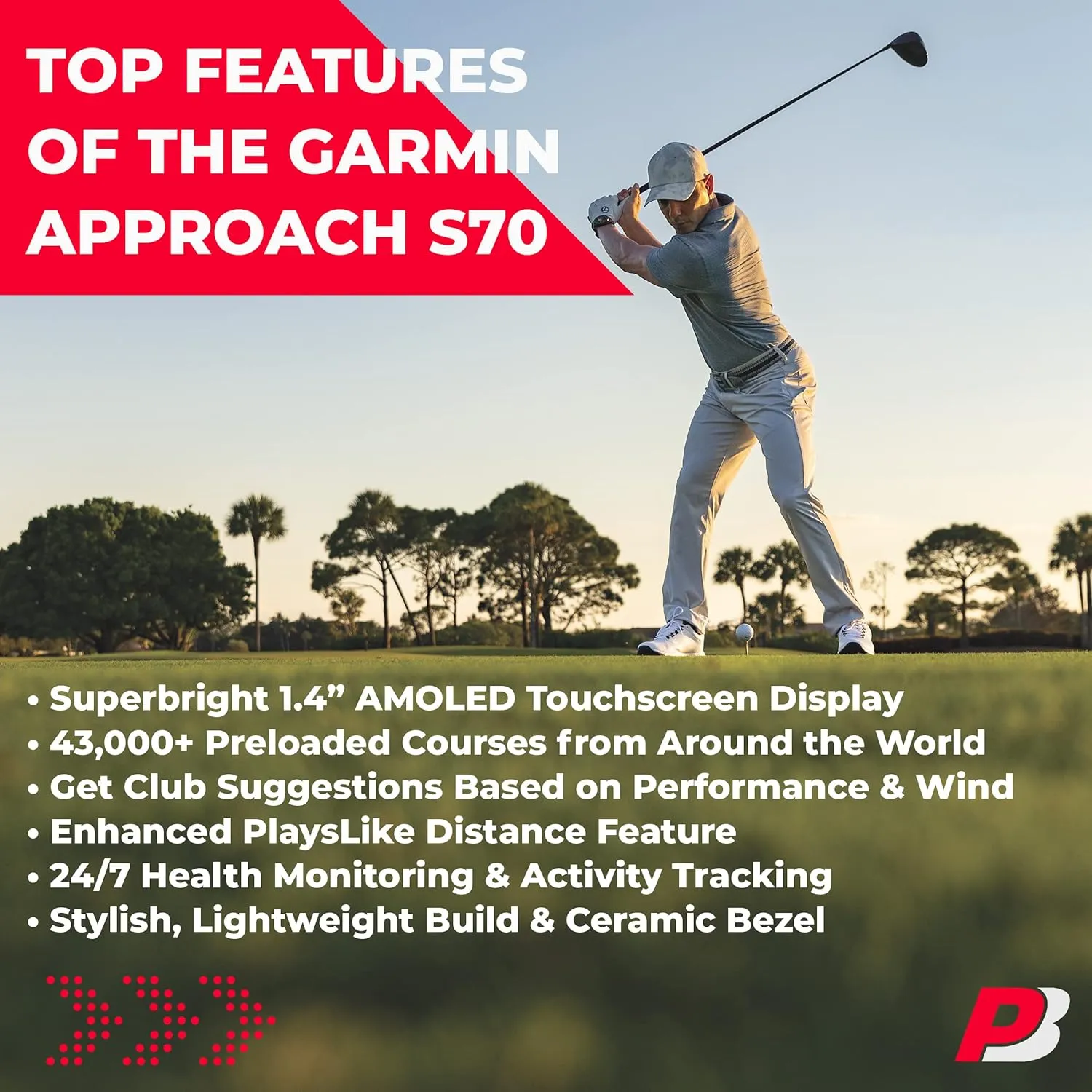 Garmin Approach S70 (Black, 47mm) Golf GPS Watch | Premium Smartwatch with AMOLED Display, Virtual Caddie & Playslike Distance | Bundle with PlayBetter Screen Protectors & Portable Charger