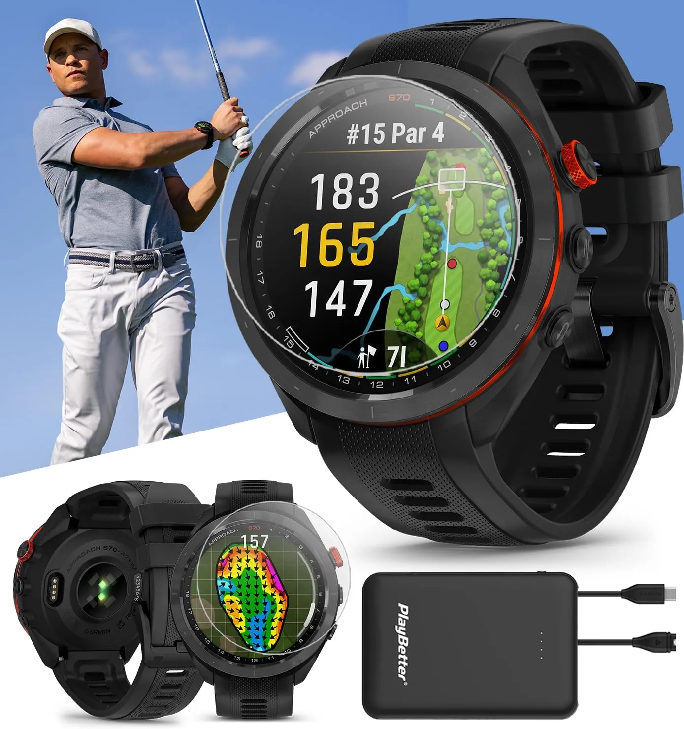 Garmin Approach S70 (Black, 47mm) Golf GPS Watch | Premium Smartwatch with AMOLED Display, Virtual Caddie & Playslike Distance | Bundle with PlayBetter Screen Protectors & Portable Charger