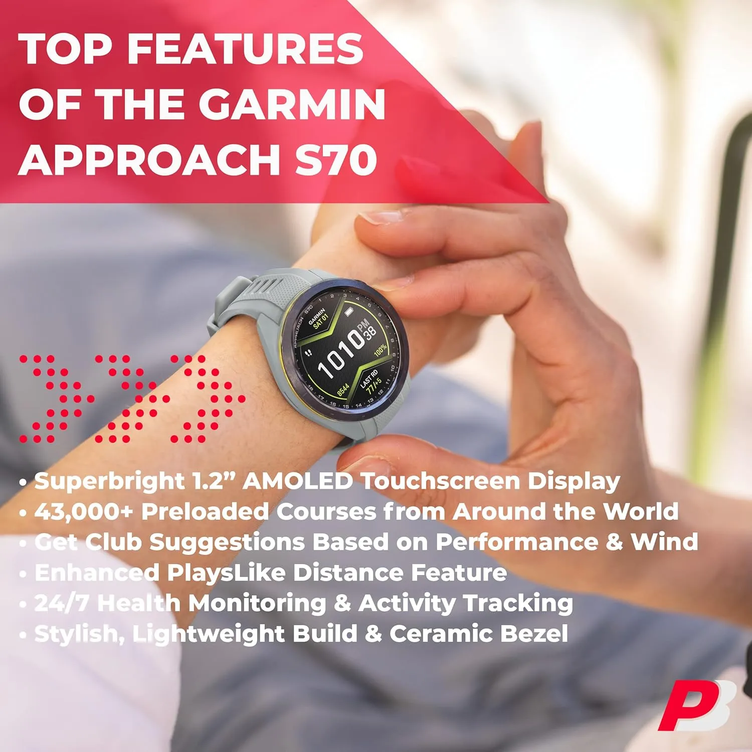 Garmin Approach S70 (Gray, 42mm) Golf GPS Watch Bundle - AMOLED Display, Virtual Caddie & PlaysLike Distance - Includes PlayBetter 5000mAH Portable Charger & Screen Protectors
