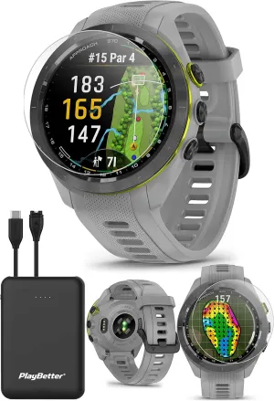 Garmin Approach S70 (Gray, 42mm) Golf GPS Watch Bundle - AMOLED Display, Virtual Caddie & PlaysLike Distance - Includes PlayBetter 5000mAH Portable Charger & Screen Protectors