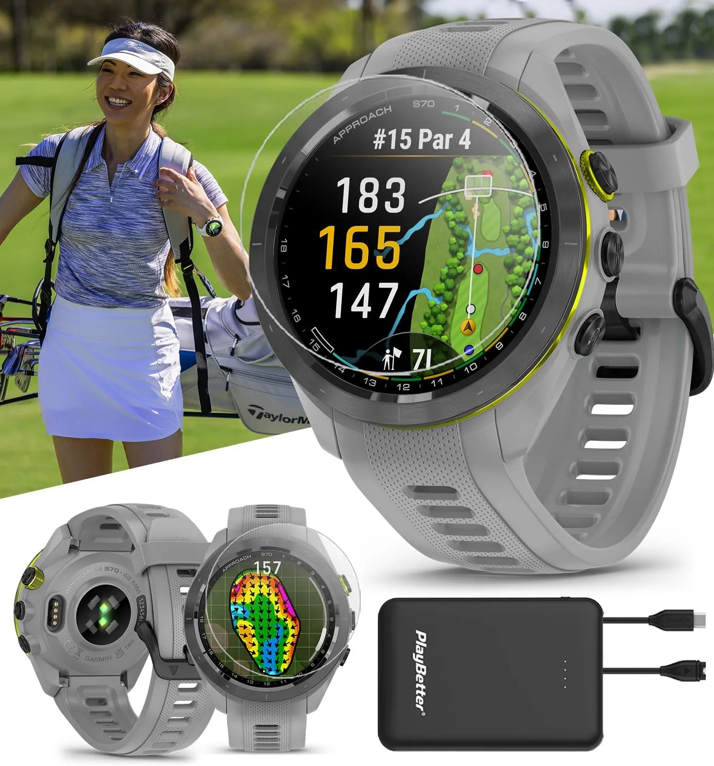 Garmin Approach S70 (Gray, 42mm) Golf GPS Watch Bundle - AMOLED Display, Virtual Caddie & PlaysLike Distance - Includes PlayBetter 5000mAH Portable Charger & Screen Protectors