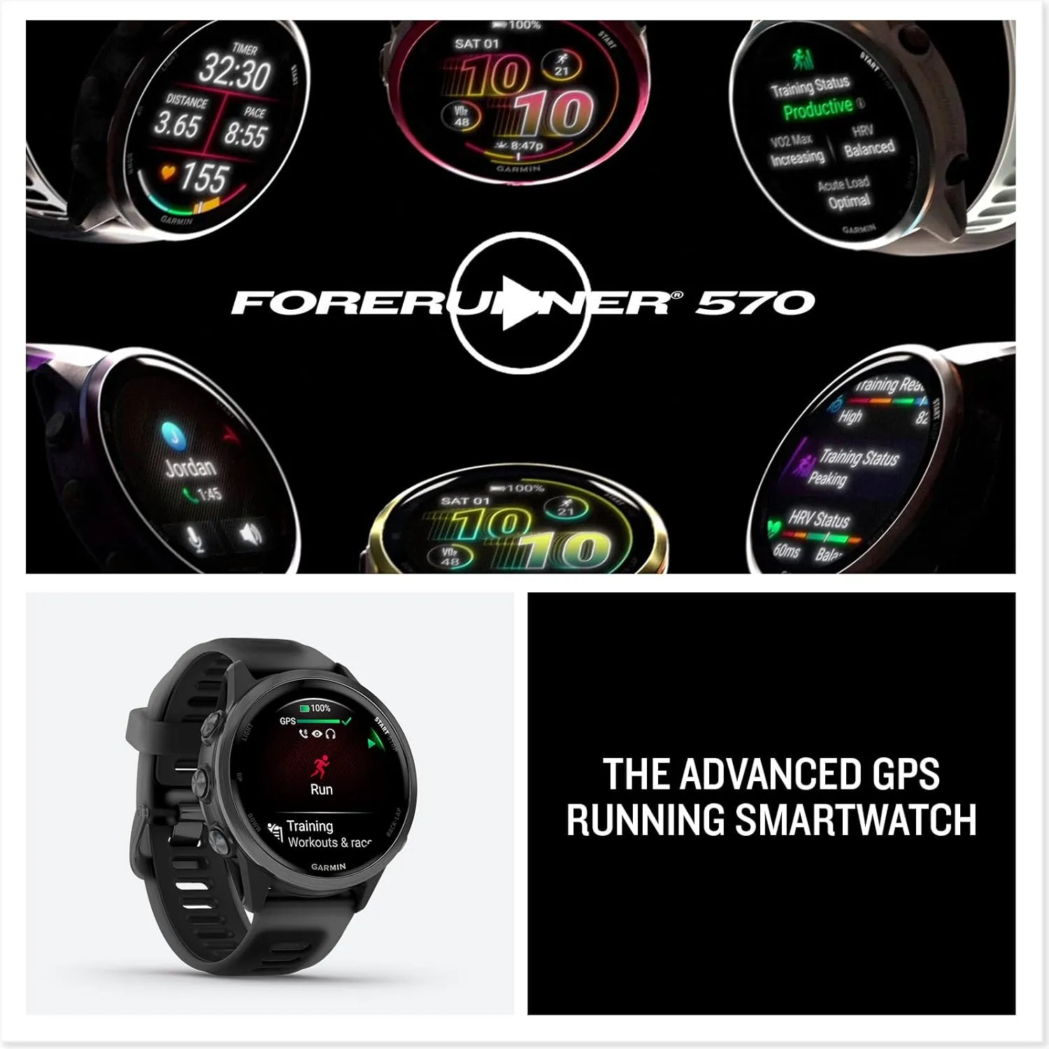 Garmin Forerunner 570 (42 mm, Slate Gray/Translucent Black) Running GPS Smartwatch - AMOLED Display, Training & Recovery - Bundle with PlayBetter Portable Charger & HD Screen Protectors