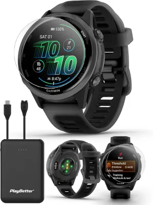 Garmin Forerunner 570 (42 mm, Slate Gray/Translucent Black) Running GPS Smartwatch - AMOLED Display, Training & Recovery - Bundle with PlayBetter Portable Charger & HD Screen Protectors