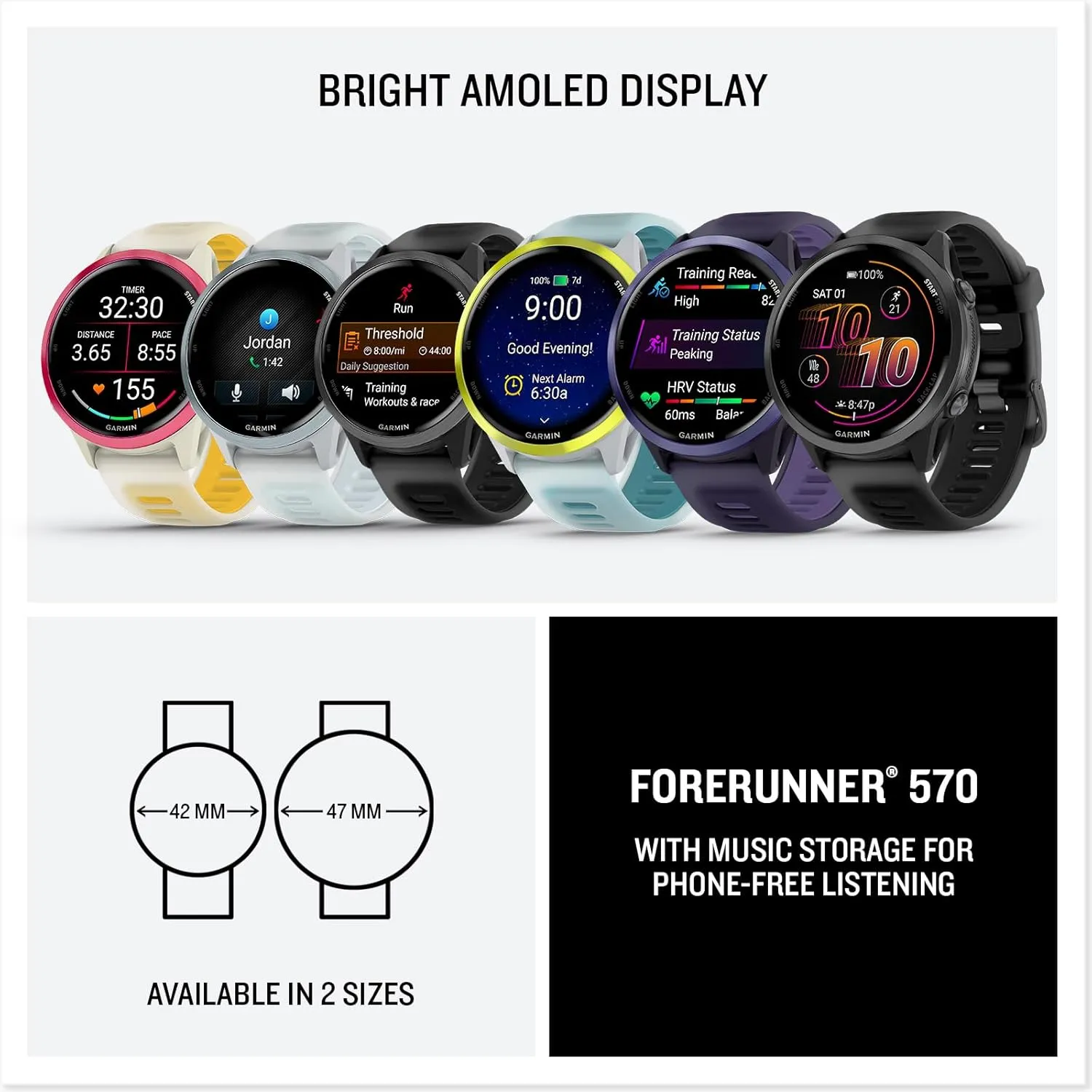 Garmin Forerunner 570 (42 mm, Slate Gray/Translucent Black) Running GPS Smartwatch - AMOLED Display, Training & Recovery - Bundle with PlayBetter Portable Charger & HD Screen Protectors