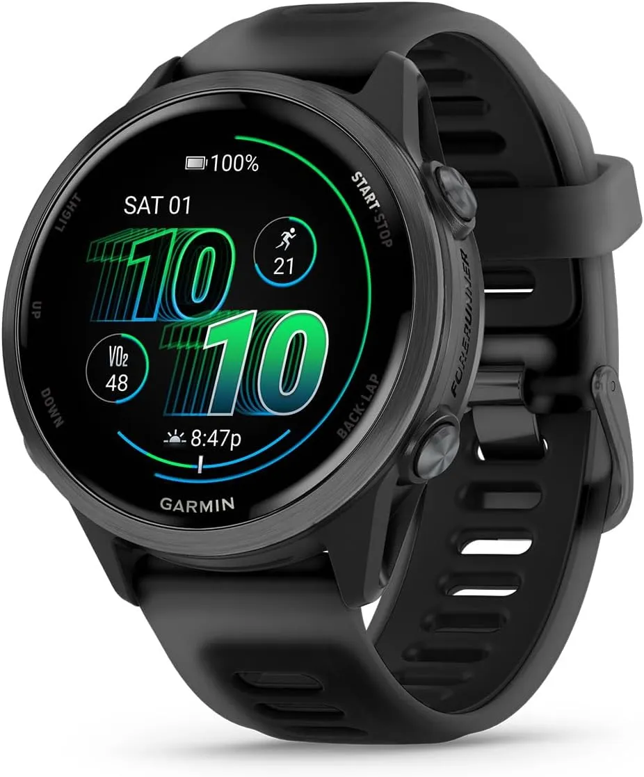 Garmin Forerunner 570 (42 mm, Slate Gray/Translucent Black) Running GPS Smartwatch - AMOLED Display, Training & Recovery - Bundle with PlayBetter Portable Charger & HD Screen Protectors