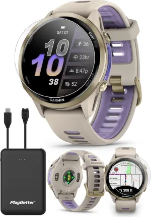 Garmin Forerunner 970 (Soft Gold French Gray/Translucent Indigo) Premium GPS Running & Triathlon Smartwatch Bundle - AMOLED, LED Flashlight with PlayBetter Portable Charger & HD Screen Protectors