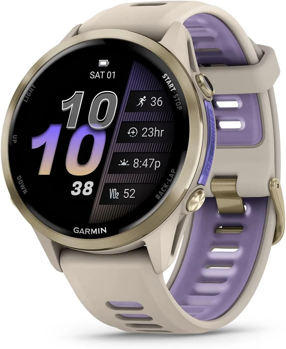 Garmin Forerunner 970 (Soft Gold French Gray/Translucent Indigo) Premium GPS Running & Triathlon Smartwatch Bundle - AMOLED, LED Flashlight with PlayBetter Portable Charger & HD Screen Protectors