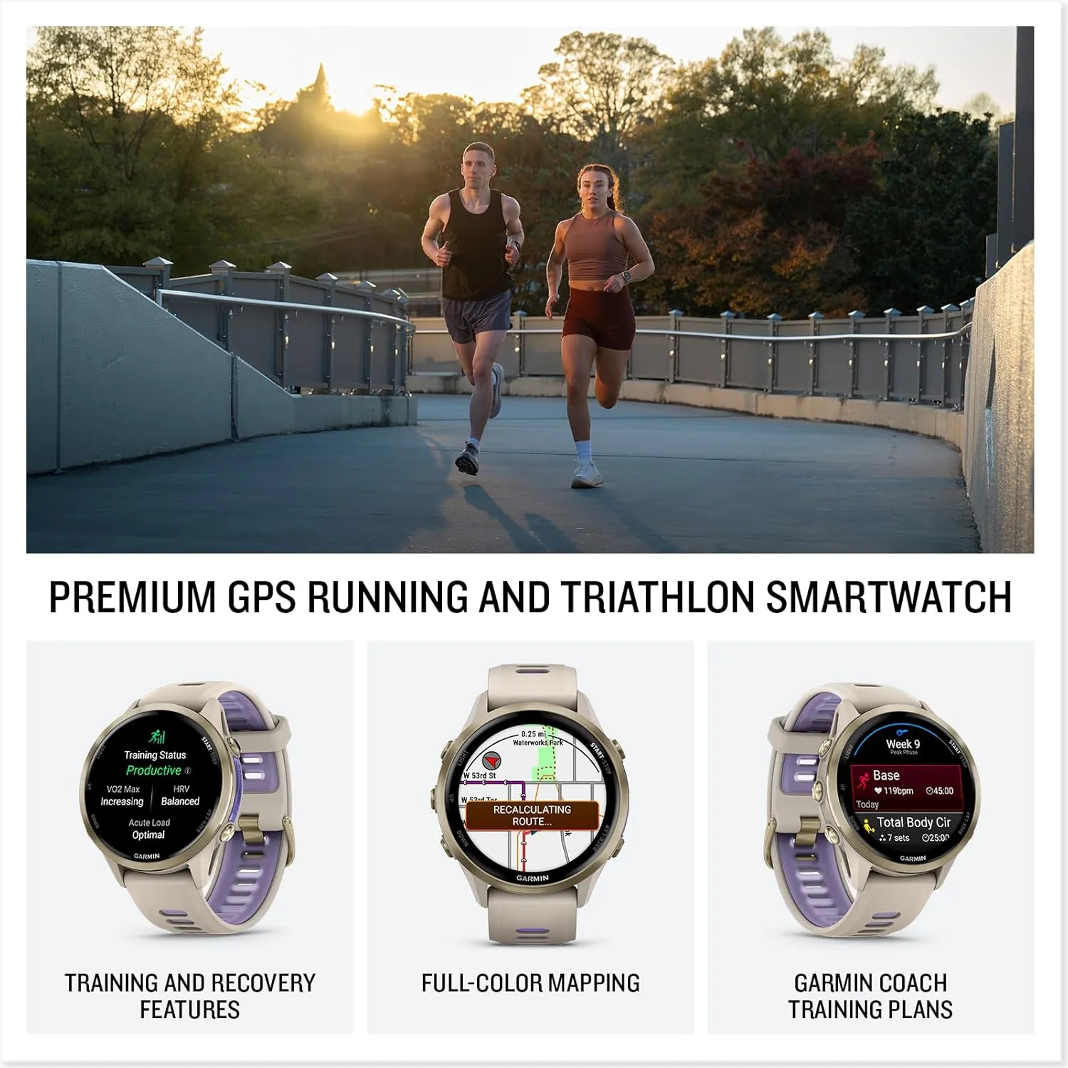 Garmin Forerunner 970 (Soft Gold French Gray/Translucent Indigo) Premium GPS Running & Triathlon Smartwatch Bundle - AMOLED, LED Flashlight with PlayBetter Portable Charger & HD Screen Protectors