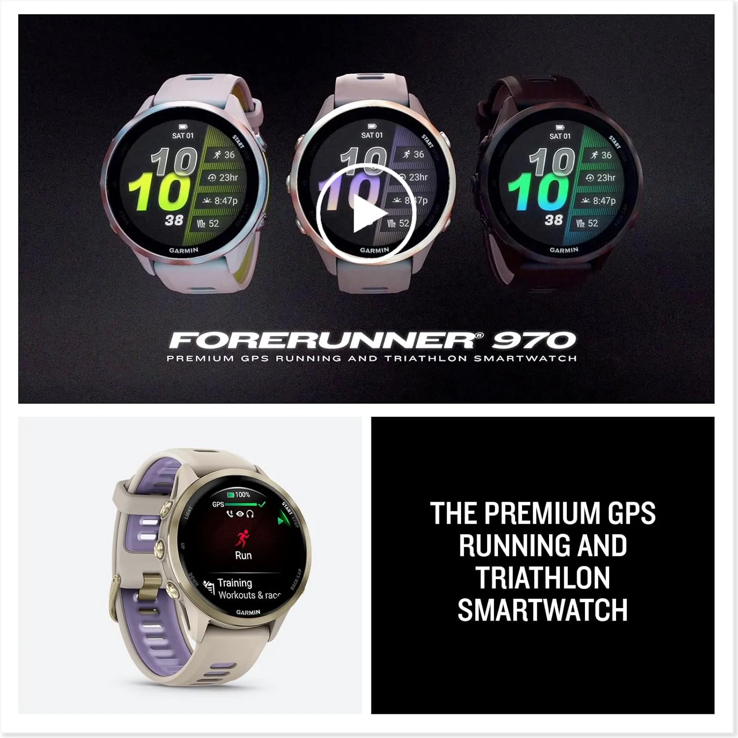 Garmin Forerunner 970 (Soft Gold French Gray/Translucent Indigo) Premium GPS Running & Triathlon Smartwatch Bundle - AMOLED, LED Flashlight with PlayBetter Portable Charger & HD Screen Protectors