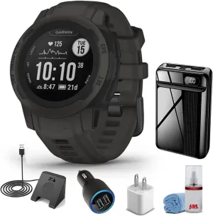 Garmin Instinct 2S - Standard Edition Smart Watch-Graphite   Watch Charging Stand   USB Car/Wall Adapter   6Ave Cleaning Kit (Bundle) (010-02563-10)