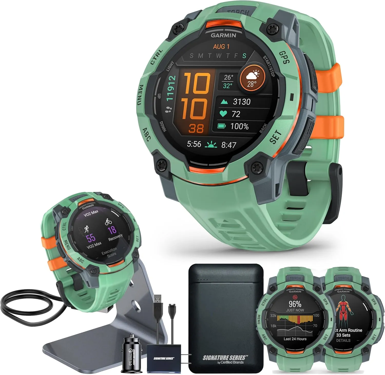 Garmin Instinct 3 Advanced GPS Adventure Watch, Neo Tropic | 45mm AMOLED Display | Wrist Based Heart Rate Monitor, Up to 16 Days of Battery Life with Signature Stand Power Bundle