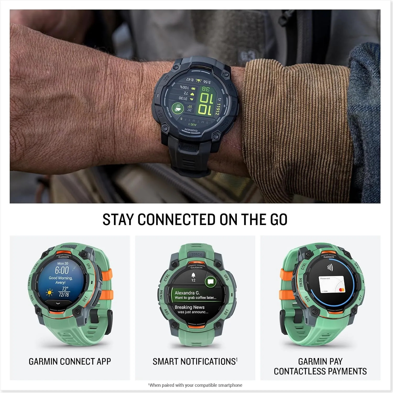 Garmin Instinct 3 Advanced GPS Adventure Watch, Neo Tropic | 45mm AMOLED Display | Wrist Based Heart Rate Monitor, Up to 16 Days of Battery Life with Signature Stand Power Bundle