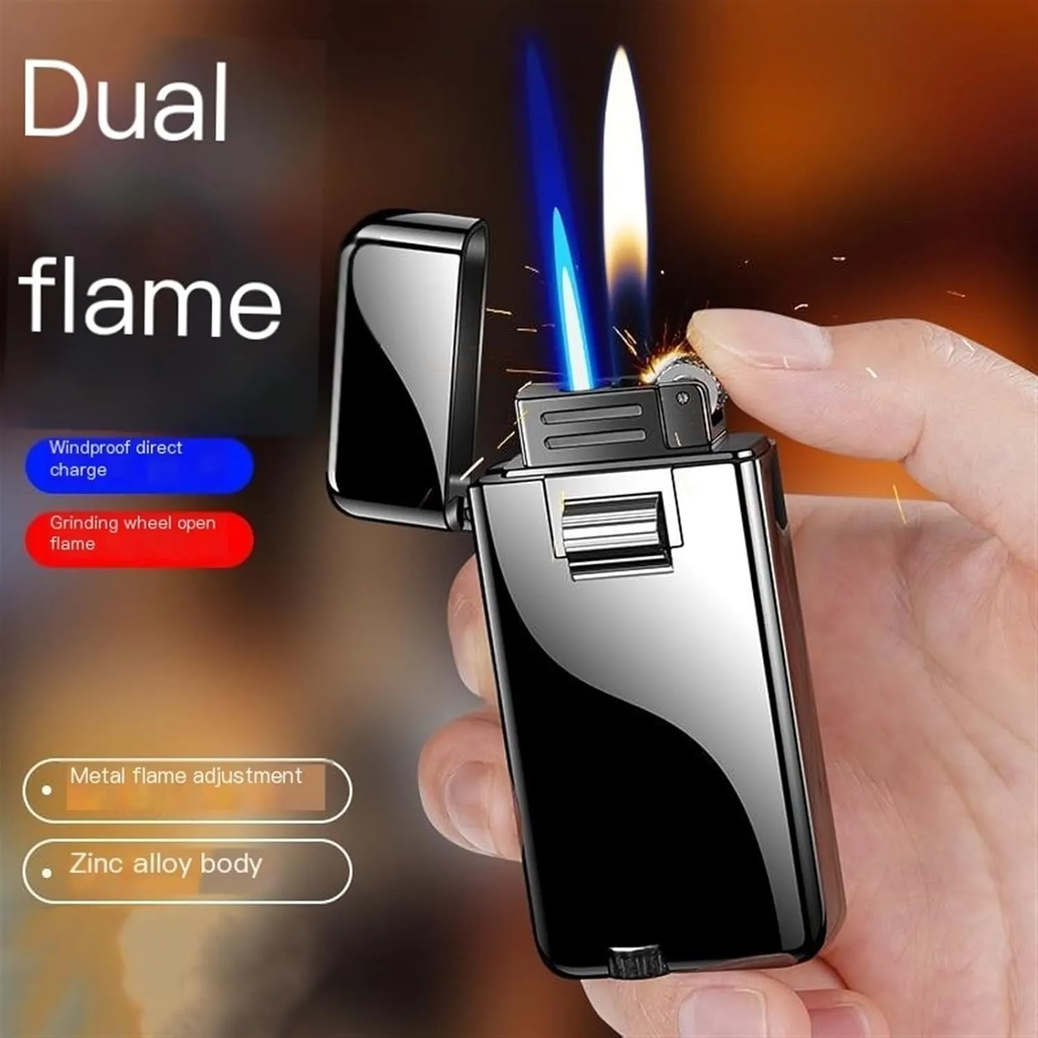 GAVIK Dual Flame Lighter, Butane Lighter, Windproof Lighter, switchable Soft Flame/Jet Flame Lighter, Adjustable Flame Suitable for Outdoor, Indoor, Collection, Men's Gifts (Color : B)