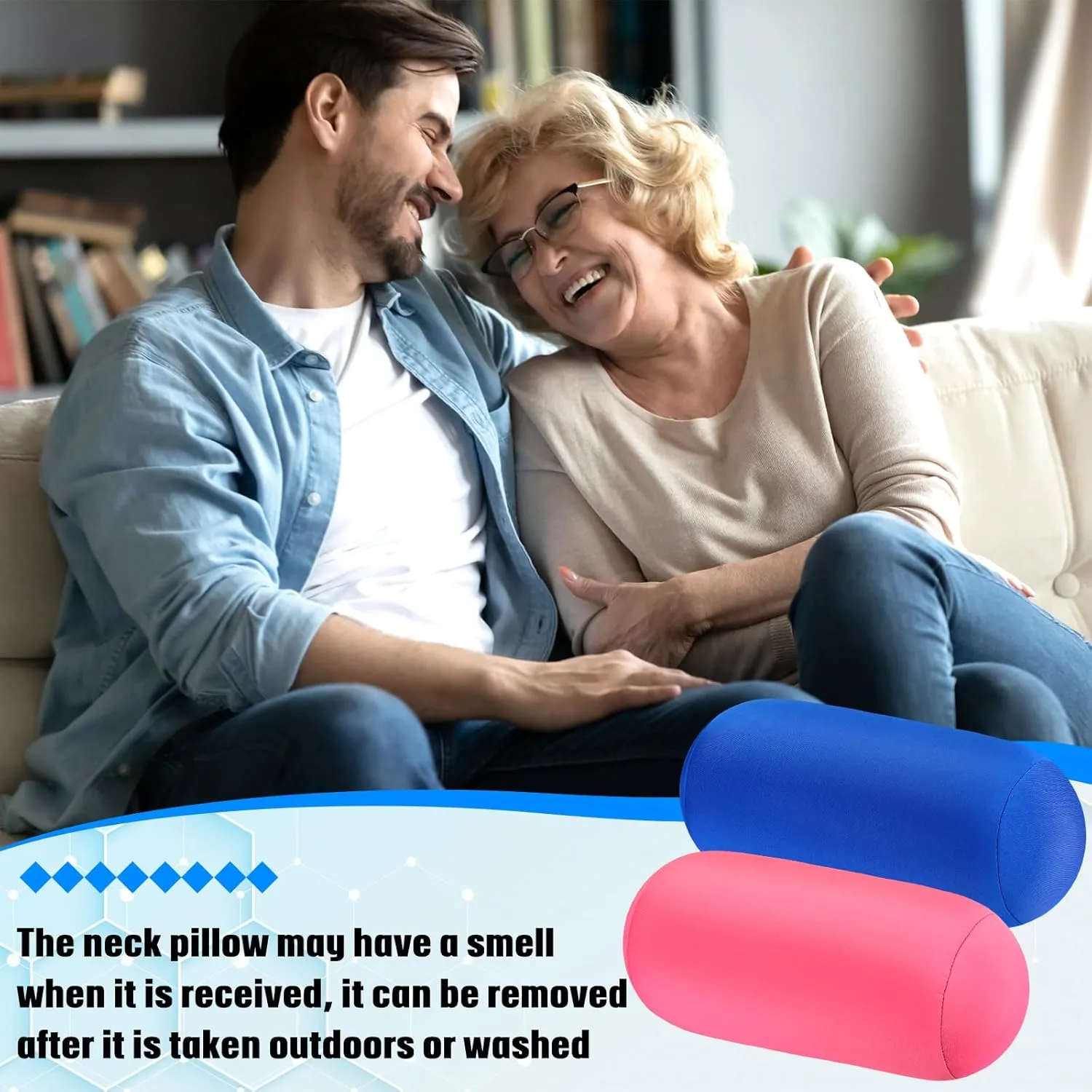 Geelin 2 Pcs Microbead Roll Pillow 11.8 x 6.3 Inch Soft Pillow Bolster Cylindrical Pillow Microbead Pillows for Sleeping Home Travel Neck Head Back Support Rest (Pink, Blue)