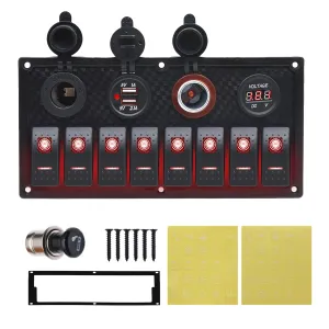 Geloo 8 Gang Marine Rocker Switch Panel, Boat Switch Panel Waterproof, 12V Switch Panel Toggle Switches Panel with LED Circuit Breaker 3.1A USB Charger Voltmeter ON/Off for Car Rvs Vehicles (Red)