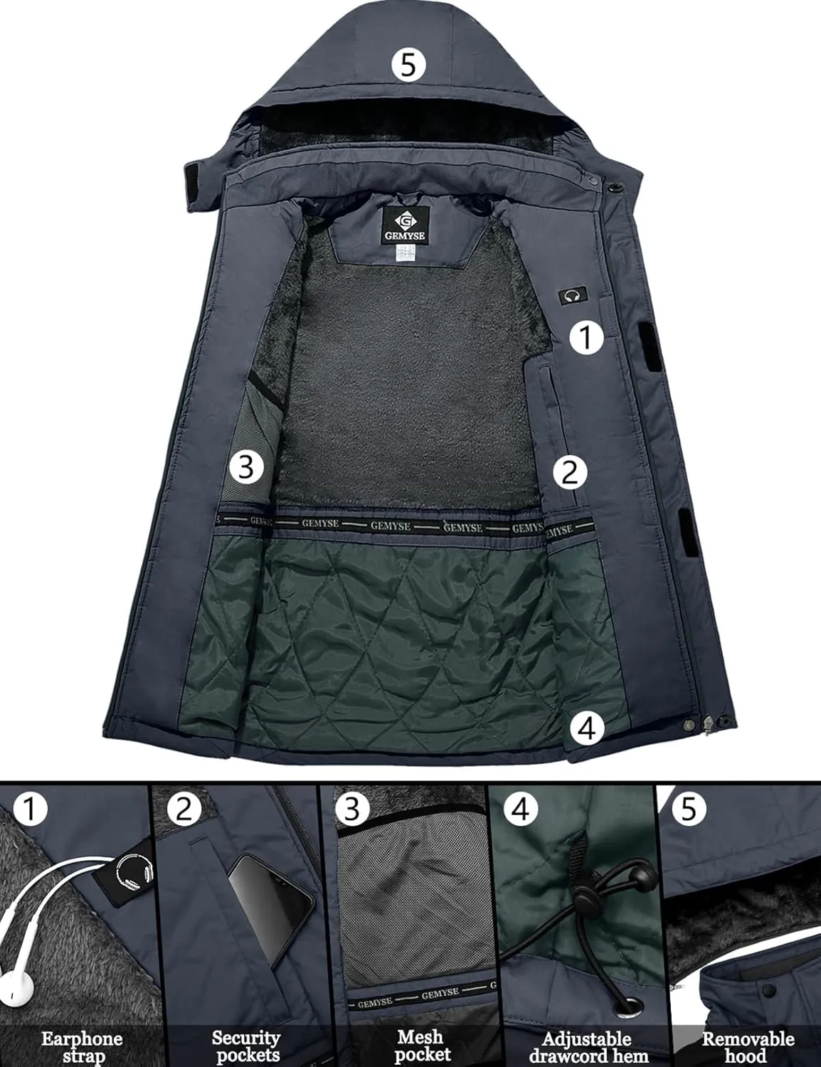 GEMYSE Men's Ski Snow Jacket Warm Winter Waterproof Coat Snowboard Rain Jacket Hooded Windproof Windbreaker