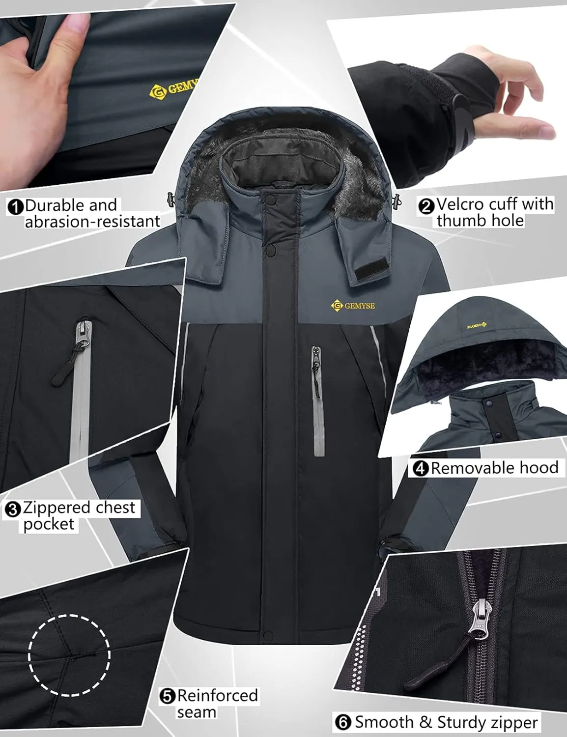 GEMYSE Men's Windproof Ski Jacket Warm Raincoats Snowboarding Hooded Parka With Multi-Pockets