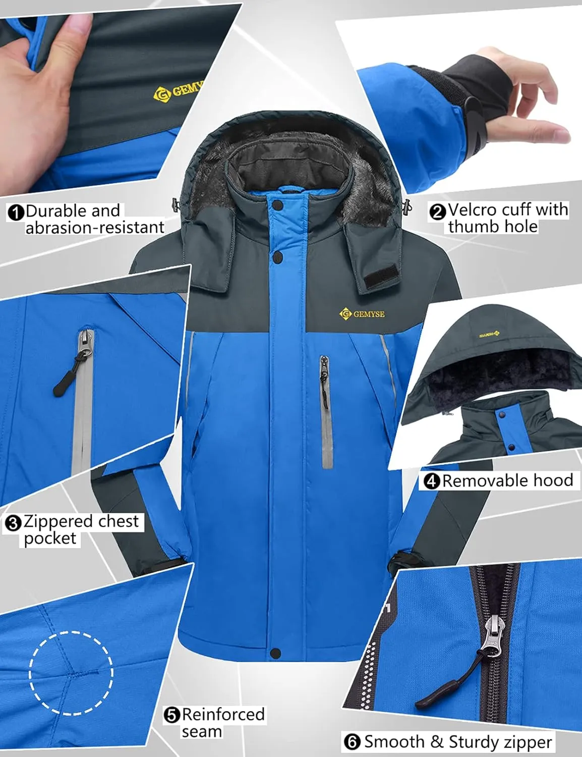 GEMYSE Men's Windproof Ski Jacket Warm Raincoats Snowboarding Hooded Parka With Multi-Pockets