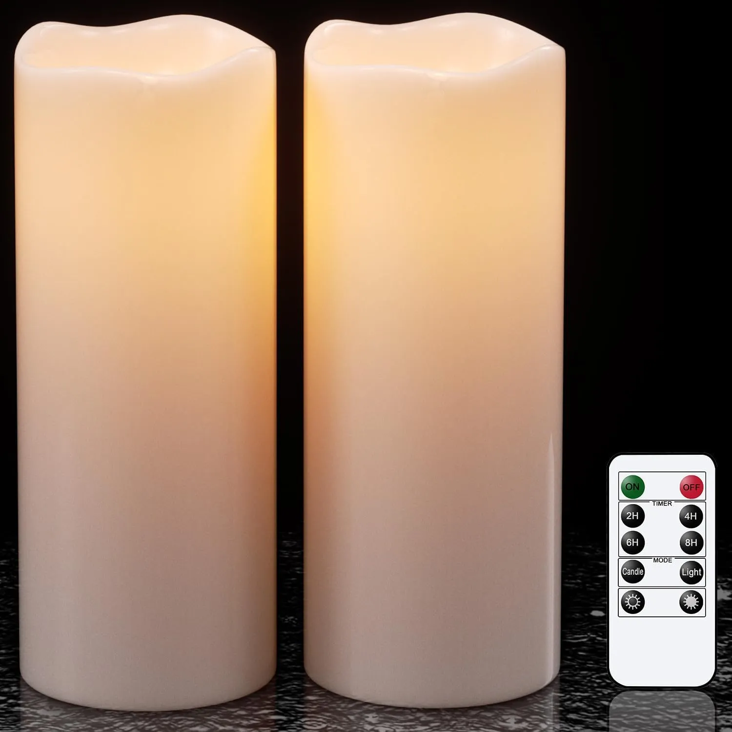 GenSwin 10” x 4” Waterproof Outdoor Flameless Candles Battery Operated with Remote Timer, Large Flickering LED Pillar Candles for Indoor Outdoor Lanterns, Won’t melt, Long-Lasting(White, Set of 2)