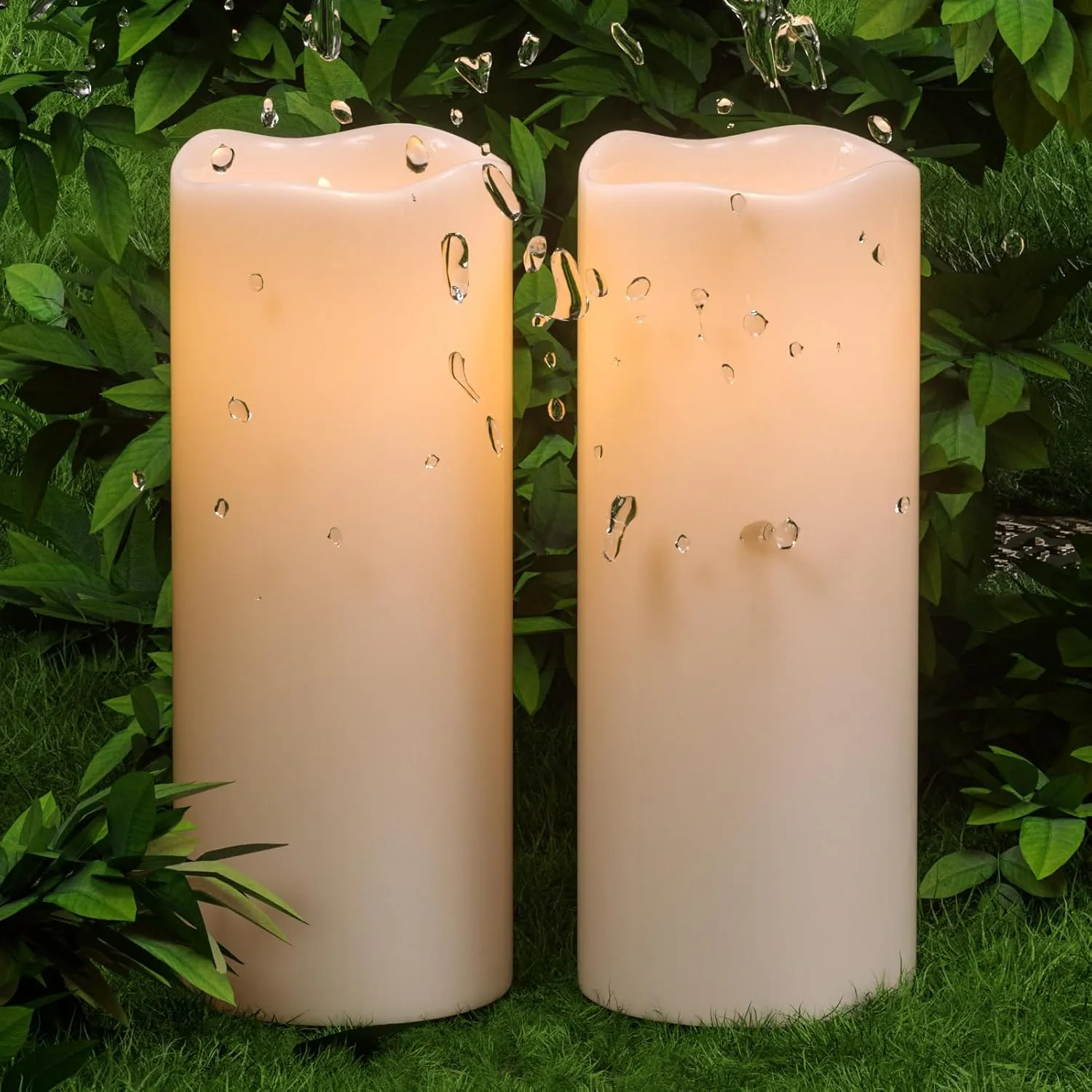 GenSwin 10” x 4” Waterproof Outdoor Flameless Candles Battery Operated with Remote Timer, Large Flickering LED Pillar Candles for Indoor Outdoor Lanterns, Won’t melt, Long-Lasting(White, Set of 2)