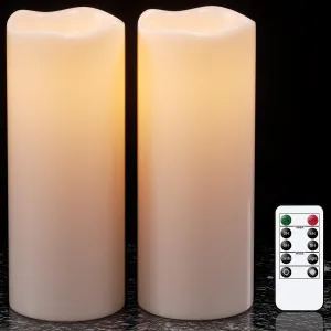 GenSwin 10” x 4” Waterproof Outdoor Flameless Candles Battery Operated with Remote Timer, Large Flickering LED Pillar Candles for Indoor Outdoor Lanterns, Won’t melt, Long-Lasting(White, Set of 2)