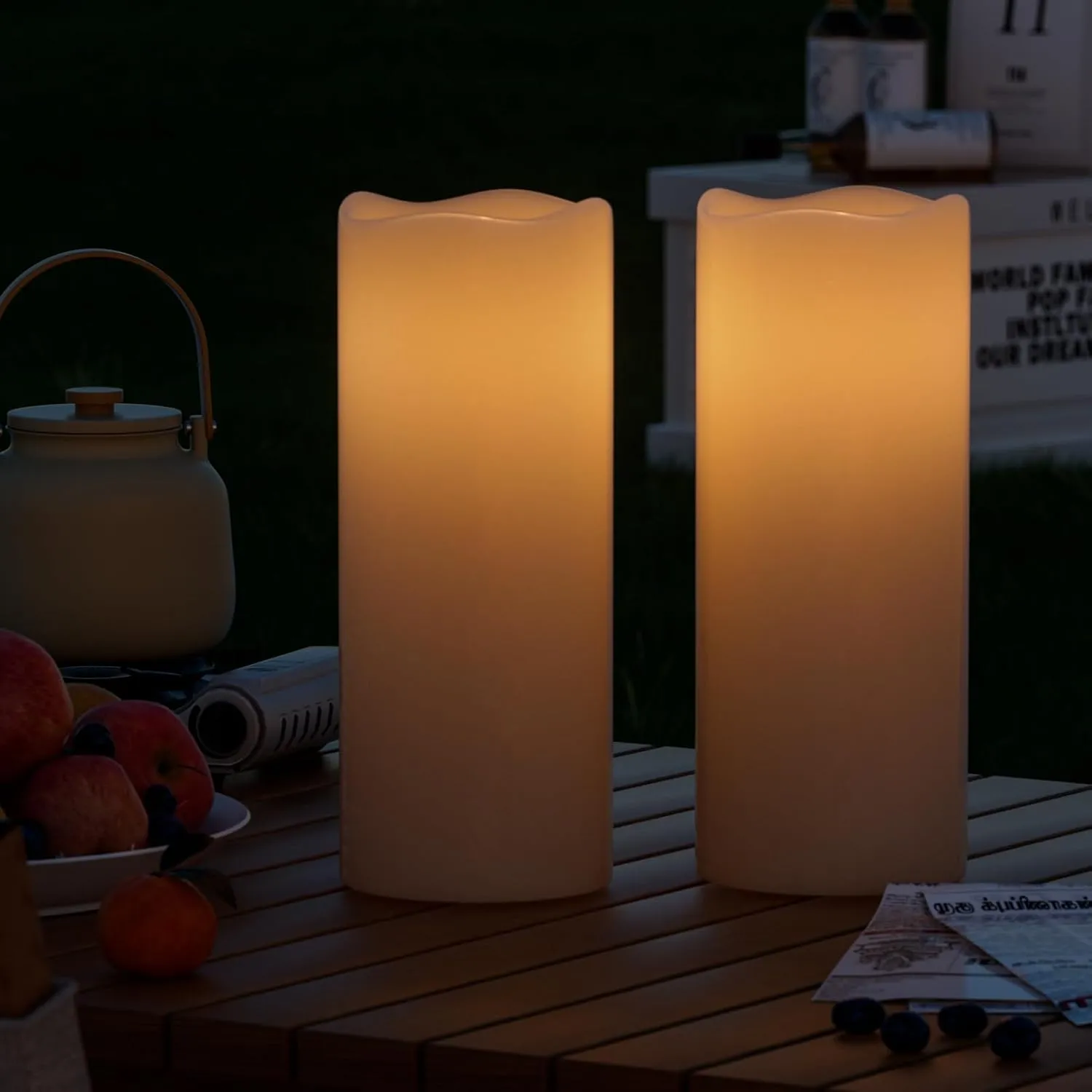 GenSwin 10” x 4” Waterproof Outdoor Flameless Candles Battery Operated with Remote Timer, Large Flickering LED Pillar Candles for Indoor Outdoor Lanterns, Won’t melt, Long-Lasting(White, Set of 2)