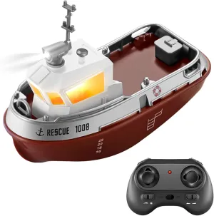 GoolRC RC Boat RC Tugboat for Kids, Remote Control Boat for Pools and Lakes, 2.4GHz Electric Tugboat Model with Lights, Rechargeable Battery for Boys and Girls