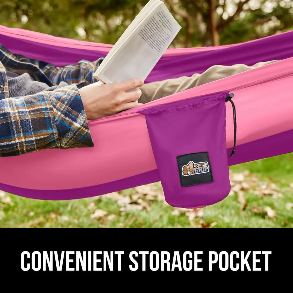 GORILLA GRIP Durable Portable Camping Hammock, Holds 400lbs with Heavy Duty Tree Straps, Comfortable Travel Swing, Camp Hammocks, Easy to Use and Install, Outdoor Essentials, Purple, 9x4.5 FT