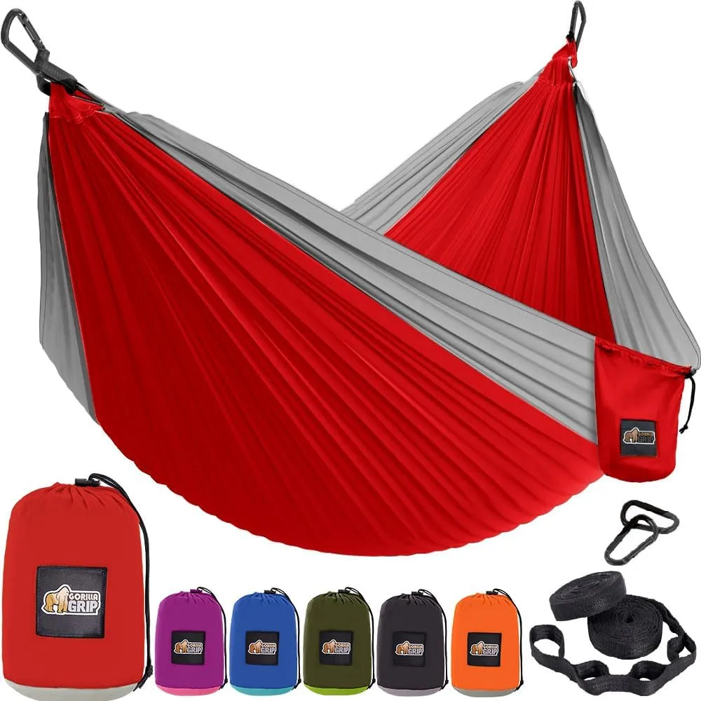 GORILLA GRIP Durable Portable Camping Hammock, Holds 400lbs with Heavy Duty Tree Straps, Comfortable Travel Swing, Camp Hammocks, Easy to Use and Install, Outdoor Essentials, Red, 9x4.5 FT