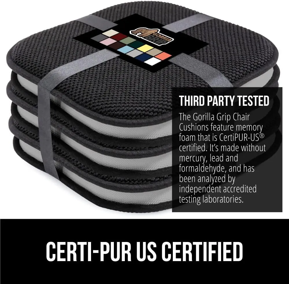 GORILLA GRIP Slip Resistant Chair Cushions, No Ties Required, Memory Foam Pads for Dining Room, Kitchen Table, Office, Rocking Chairs, Plush Seat Cover Cushion Pad, Home Decor, Set of 2 16x16, Black