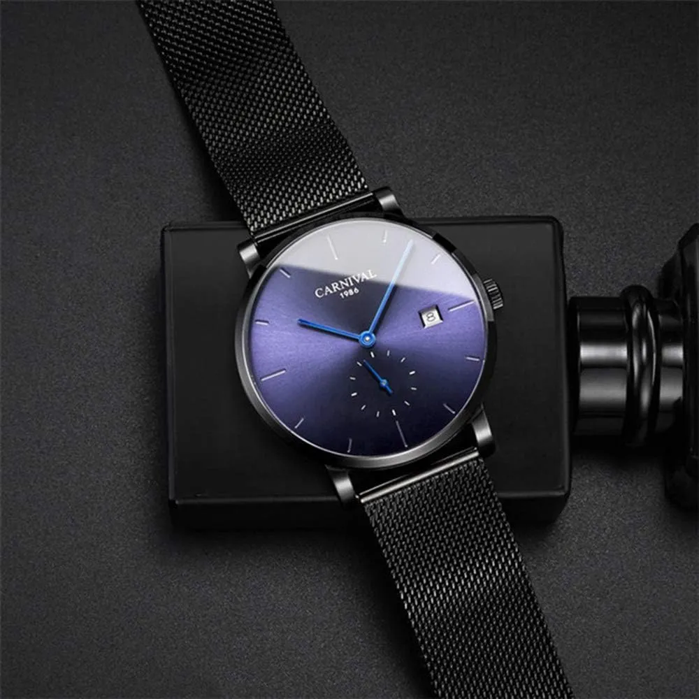 Gosasa Men's Ultra-Thin Automatic Watch Stainless Steel Date Watch Military Fashion Simple Mesh Waterproof Watch