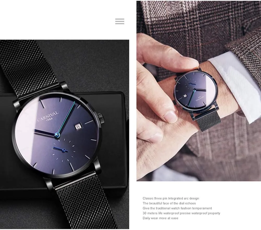 Gosasa Men's Ultra-Thin Automatic Watch Stainless Steel Date Watch Military Fashion Simple Mesh Waterproof Watch