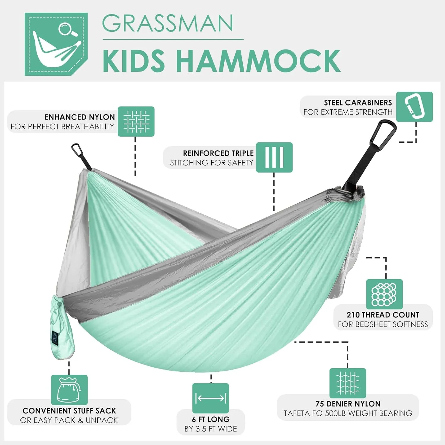 GRASSMAN Kids Hammock-Small Camping hammocks, Portable Camping Gear for Child Indoor/Outdoor use, with Tree Straps & Carabiners Green & Grey