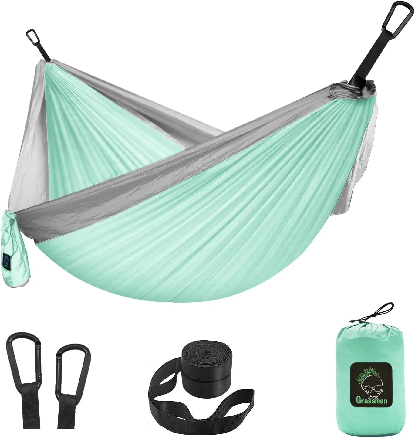 GRASSMAN Kids Hammock-Small Camping hammocks, Portable Camping Gear for Child Indoor/Outdoor use, with Tree Straps & Carabiners Green & Grey
