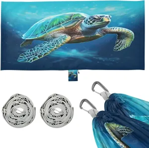 Green Sea Turtle Camping Hammock, Single Portable Hammocks with Tree Straps & Attached Carry Bag, 330Lbs Capacity Perfect for Outside Indoor Hiking Beach Backpack Travel
