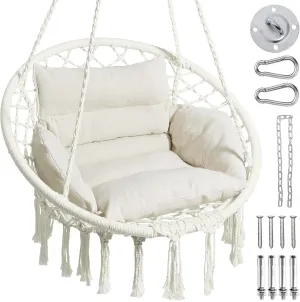 Greenstell Hammock Chair, Macrame Swing Chair with Comfy Cushion, Boho Hanging Chair for Outdoor & Indoor, Perfect for Bedroom, Patio, Balcony, Hold up to 330Lbs, White