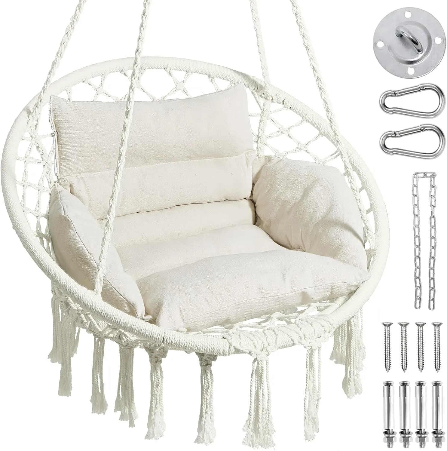 Greenstell Hammock Chair, Macrame Swing Chair with Comfy Cushion, Boho Hanging Chair for Outdoor & Indoor, Perfect for Bedroom, Patio, Balcony, Hold up to 330Lbs, White
