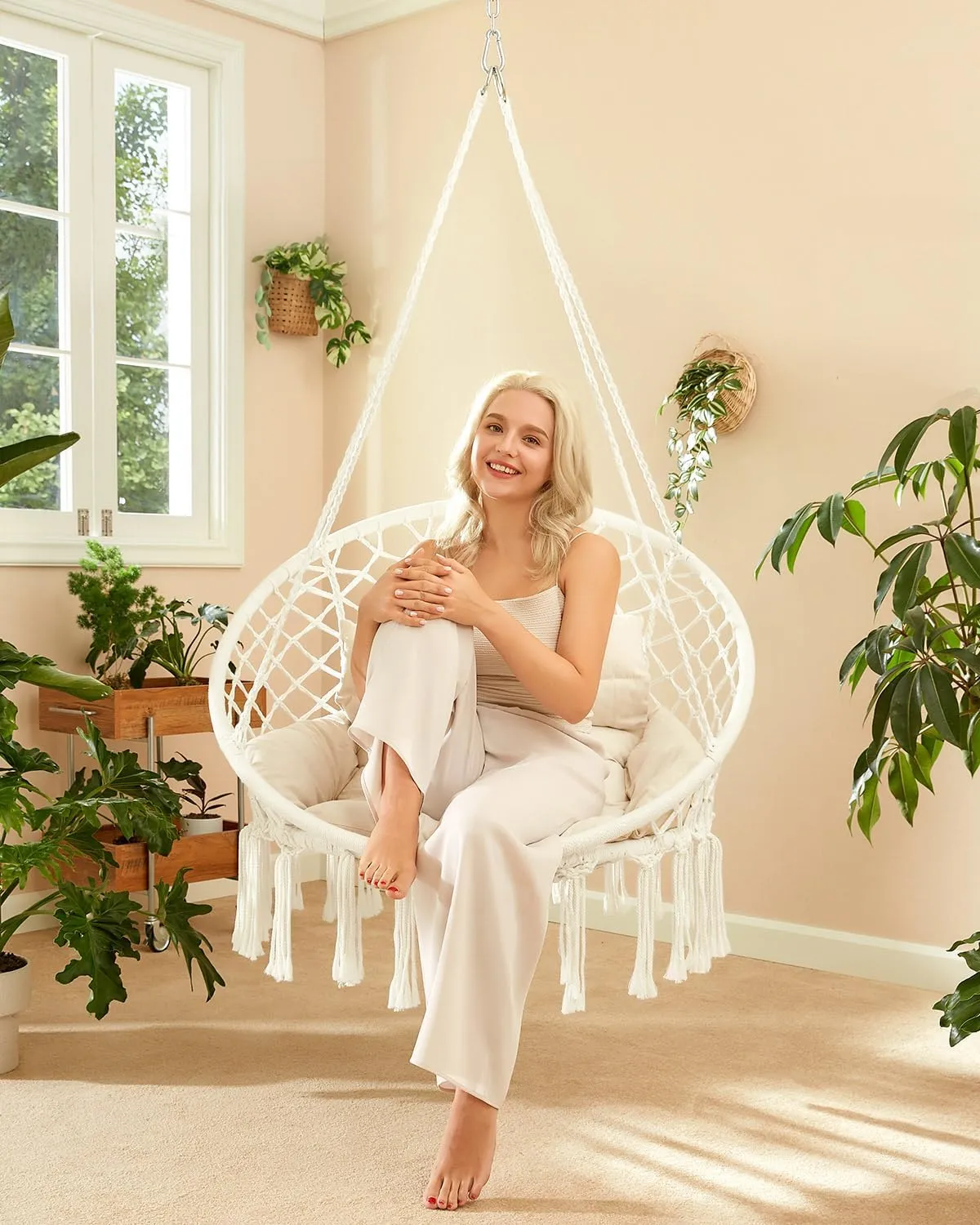 Greenstell Hammock Chair, Macrame Swing Chair with Comfy Cushion, Boho Hanging Chair for Outdoor & Indoor, Perfect for Bedroom, Patio, Balcony, Hold up to 350Lbs, White