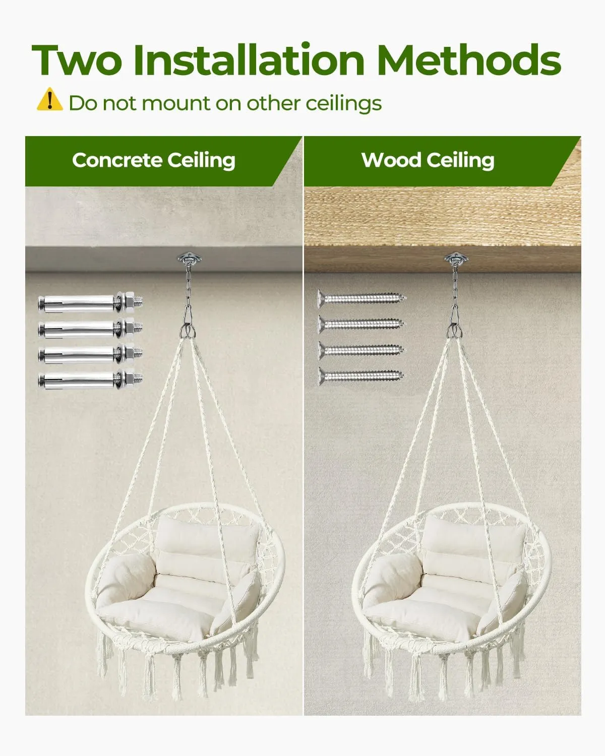 Greenstell Hammock Chair, Macrame Swing Chair with Comfy Cushion, Boho Hanging Chair for Outdoor & Indoor, Perfect for Bedroom, Patio, Balcony, Hold up to 350Lbs, White